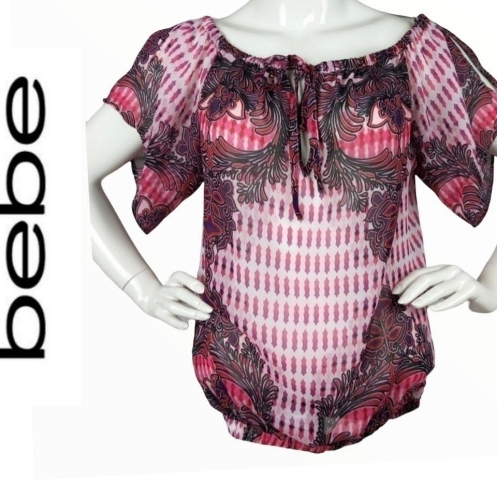 BEBE Sheer Floral Cold Shoulder‎ Blouse Pink Paisley Y2K Boho Top